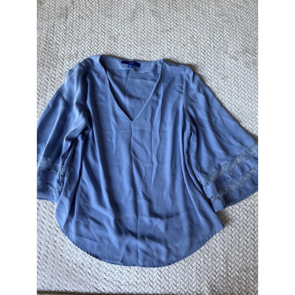 Apt 9 Womens Periwinkle Blue Lace Trim Bell Sleeve V-Neck Blouse Large